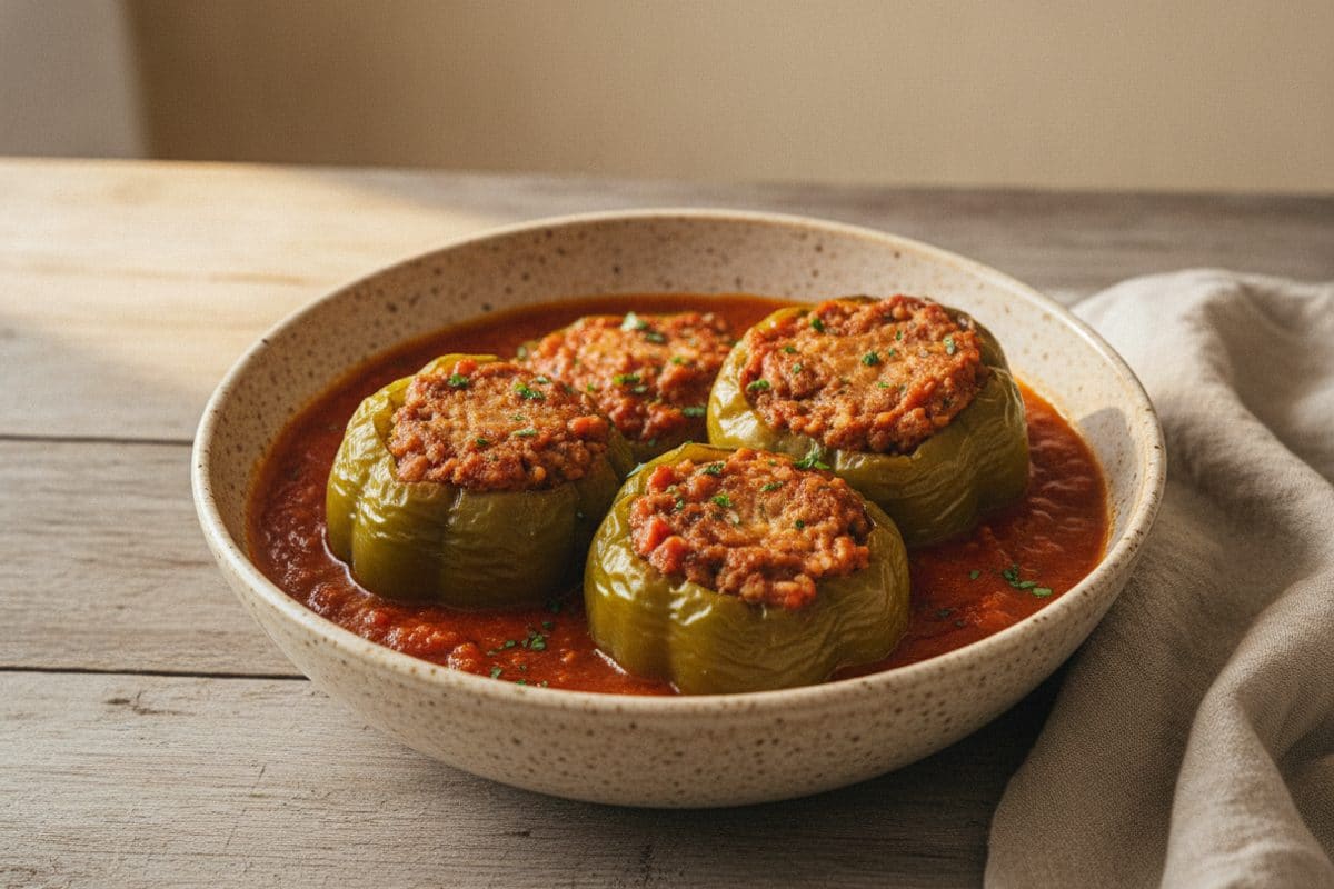 Ardei umpluți la cuptor, cu carne tocată și orez în sos de roșii