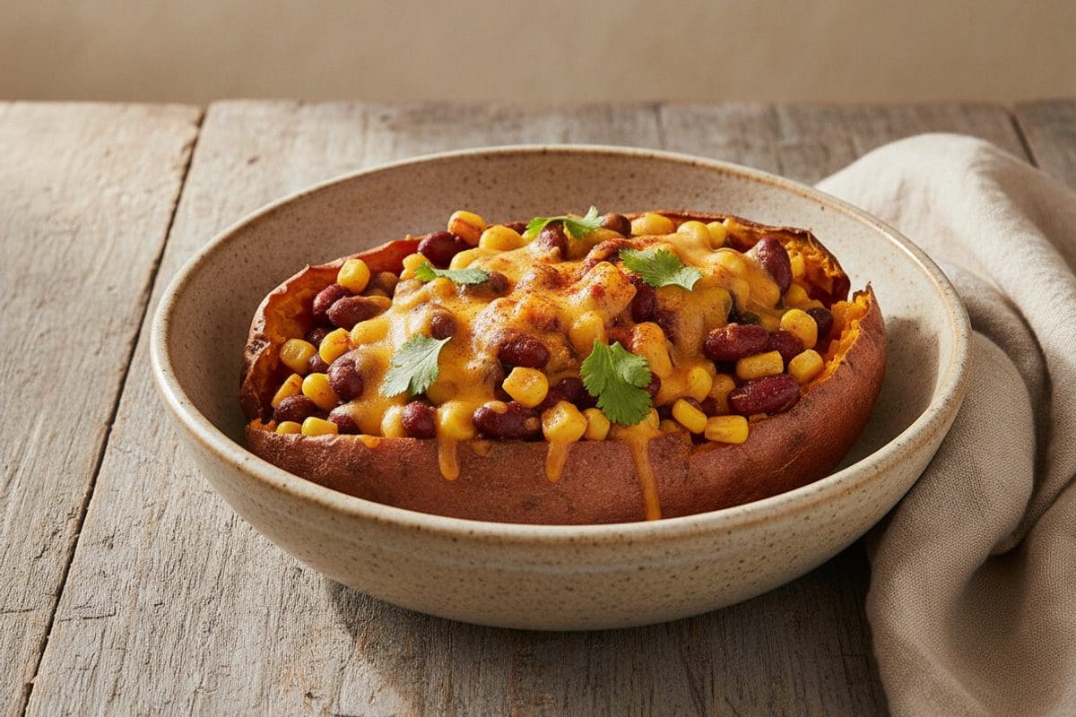 Cartofi dulci copți, umpluți cu tex-mex de porumb, fasole și cheddar topit