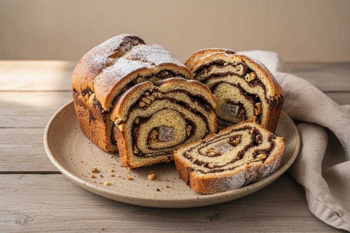 Cozonac pufos cu aluat opărit, nucă, cacao și rahat