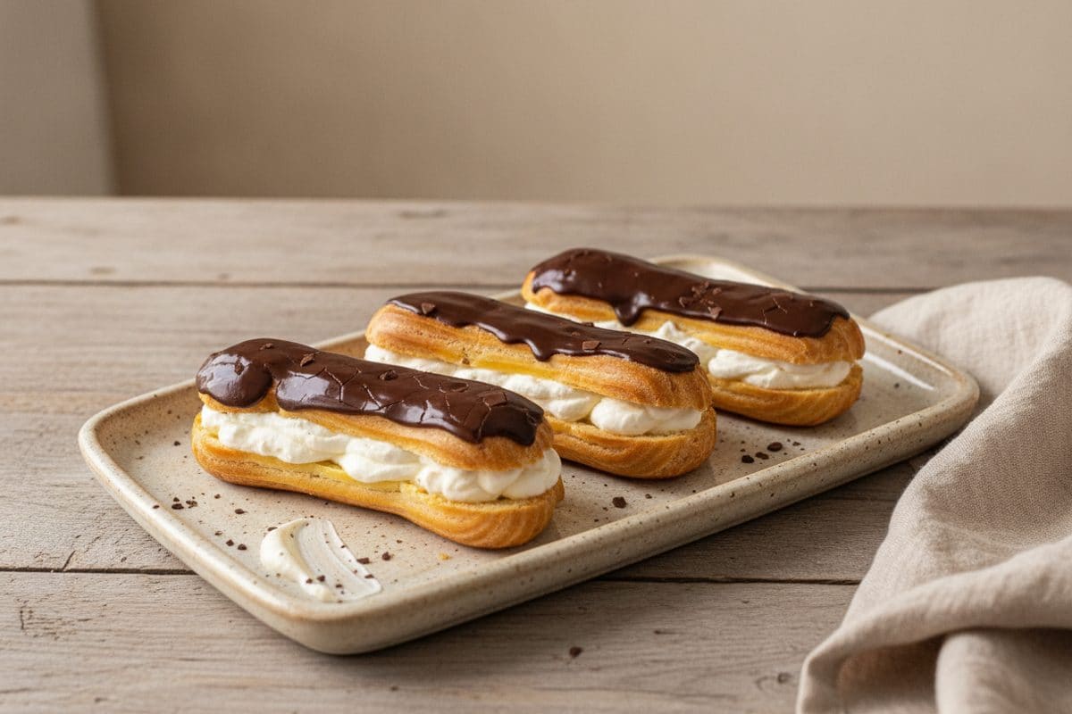 Eclere clasice cu cremă Chantilly și glazură de ciocolată neagră