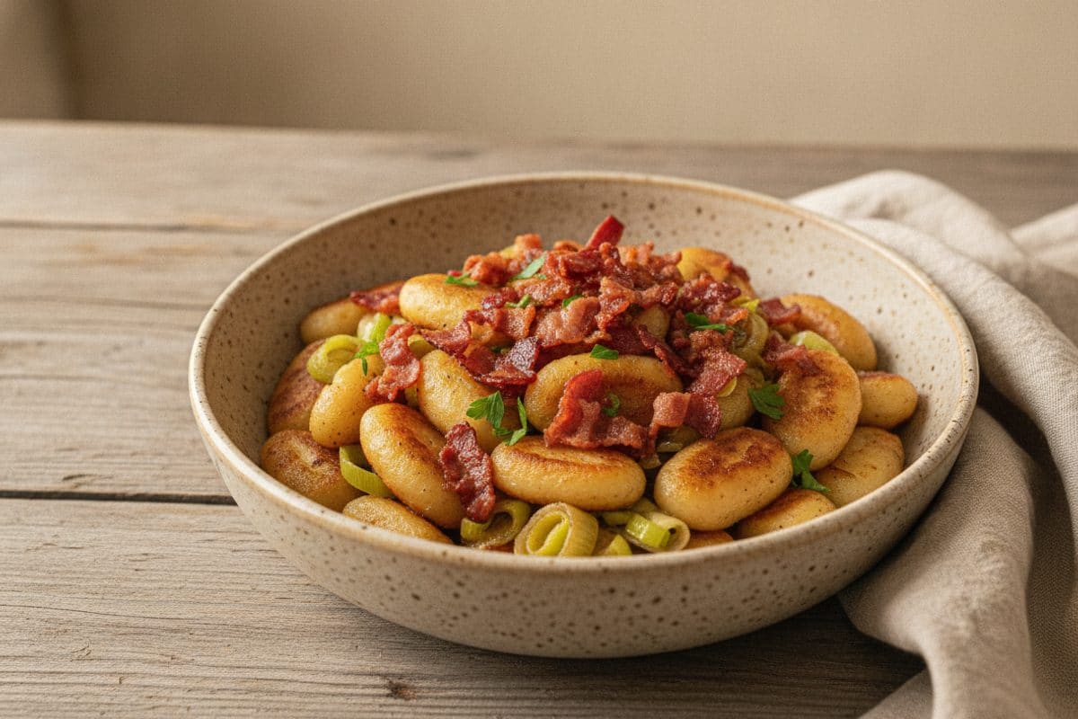 Gnocchi la tigaie cu praz caramelizat și bacon crocant