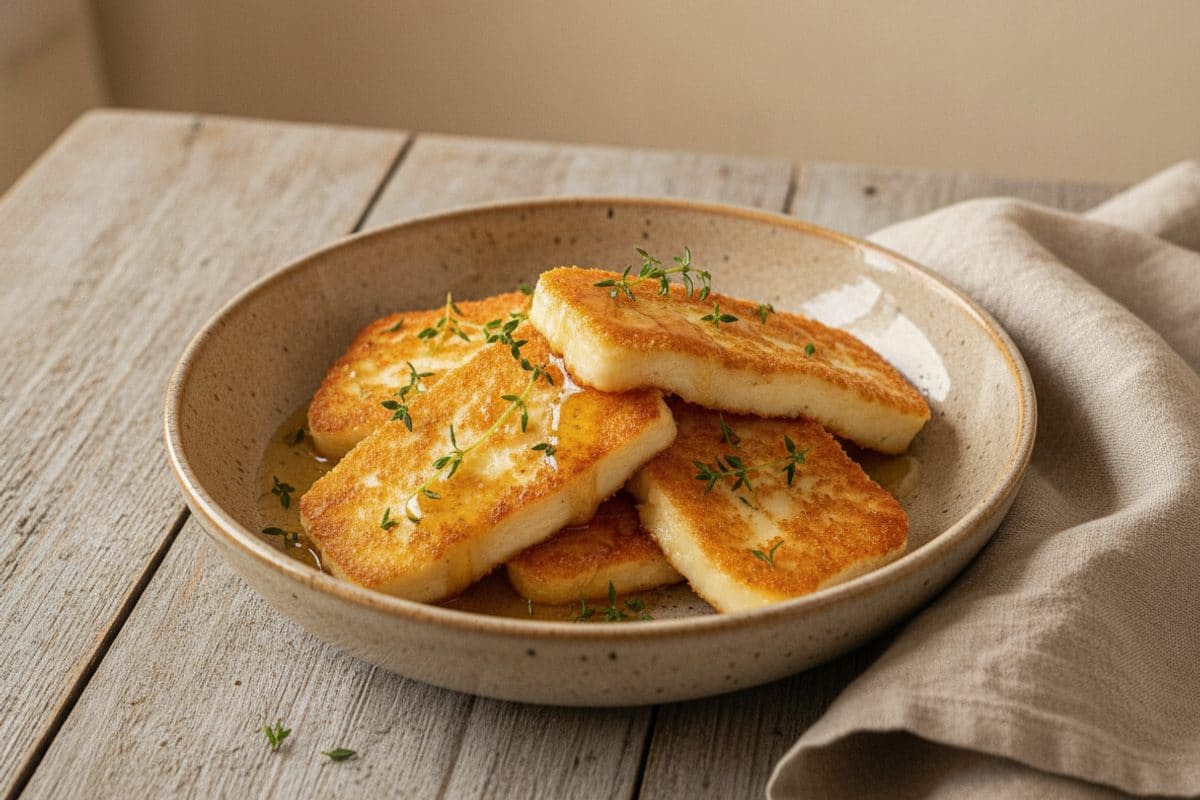 Halloumi auriu cu miere și cimbru proaspăt