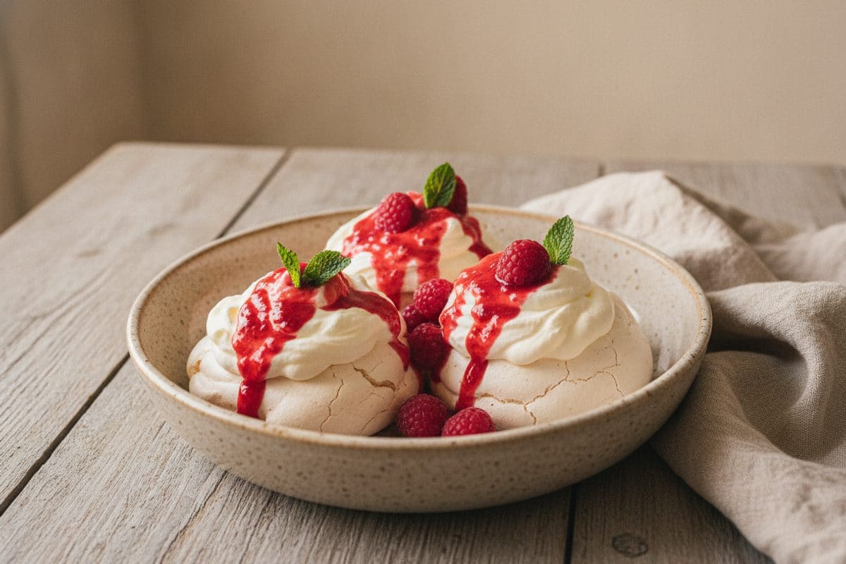 Mini Pavlova cu Frișcă și Culis de Zmeură