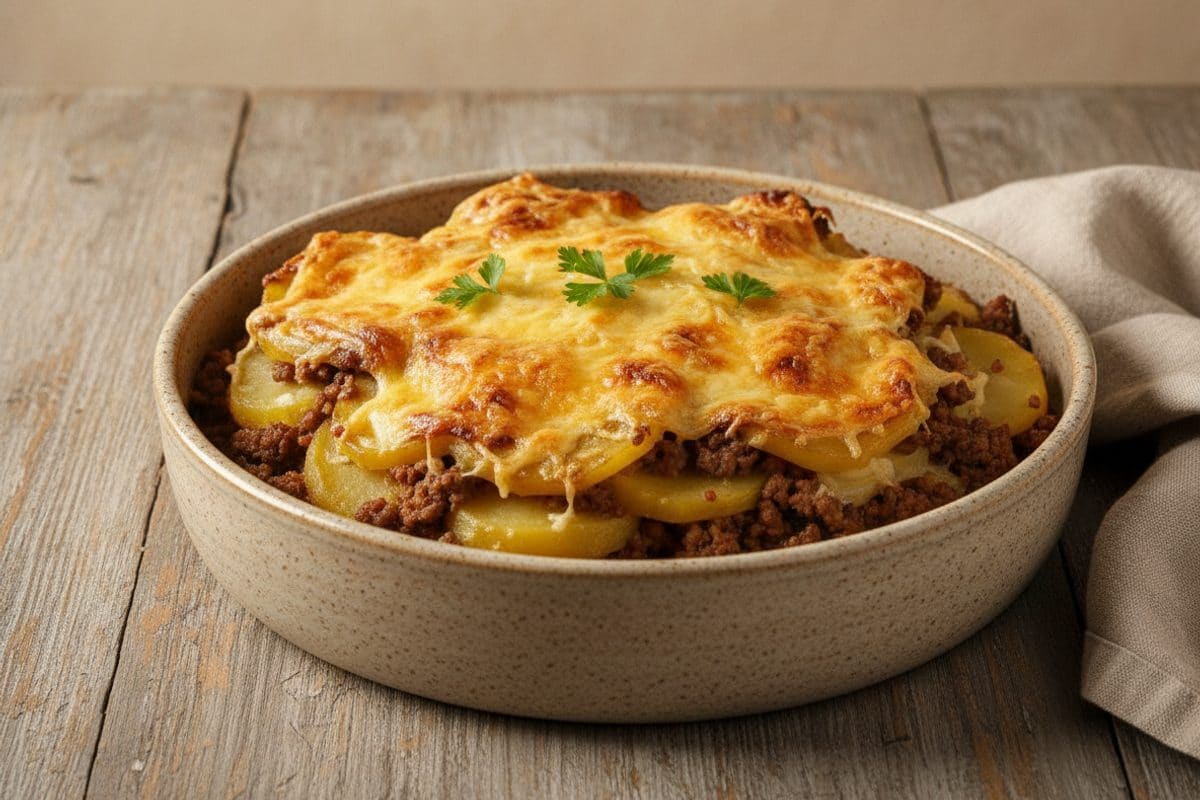 Musaca de cartofi cu carne de vită și cașcaval auriu
