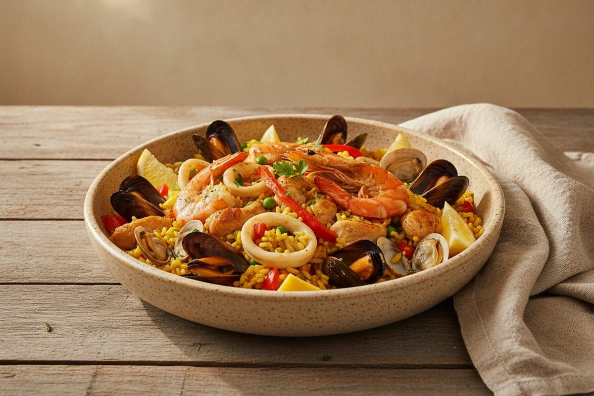 Paella cu fructe de mare și pui