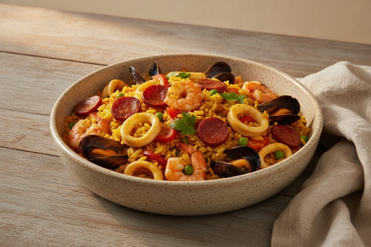 Paella Spaniolă cu Fructe de Mare și Chorizo