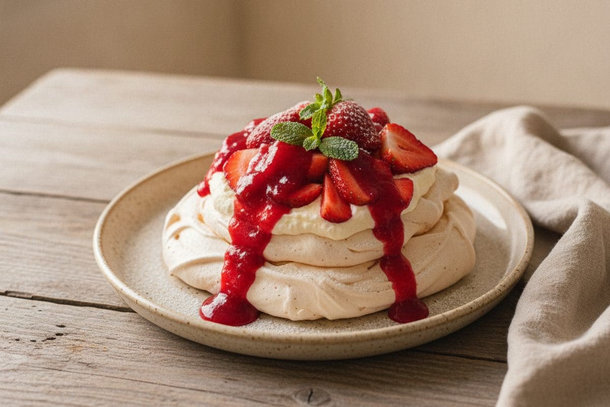 Pavlova cu Căpșuni și Sos Fin de Fructe
