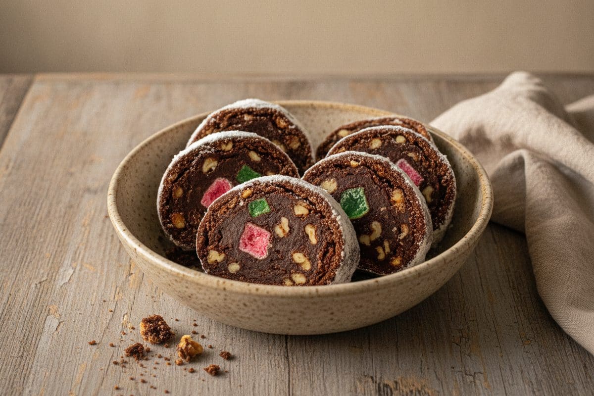 Salam de biscuiți cu rahat, nucă și stafide