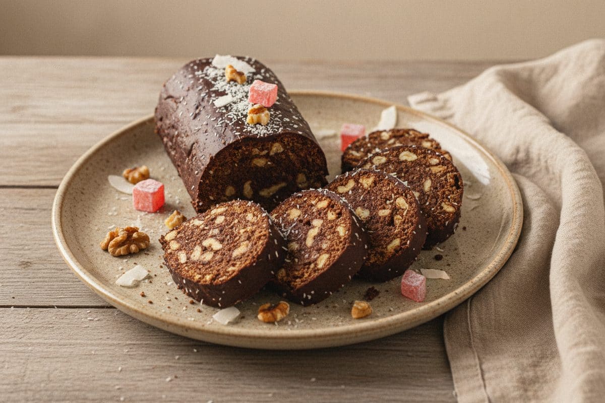 Salam de biscuiți de post cu nucă, rahat și fulgi de cocos