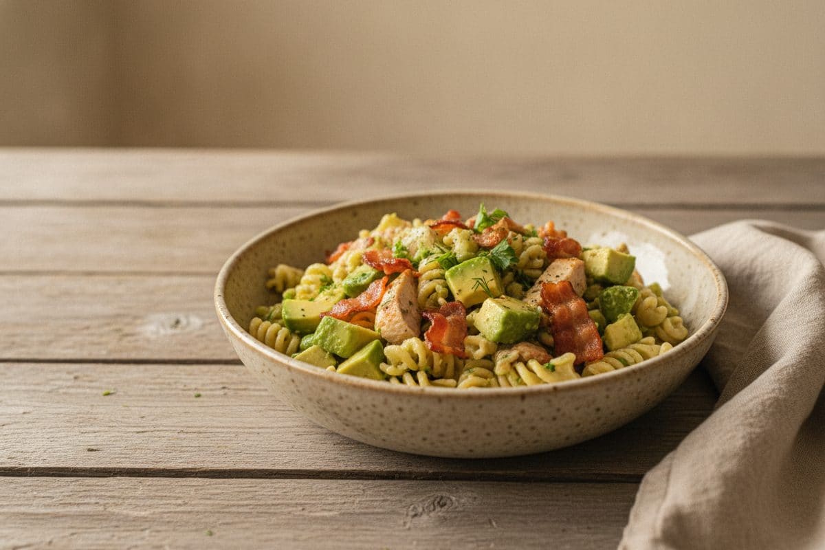 Salată de paste cu avocado cremos, pui și bacon crocant