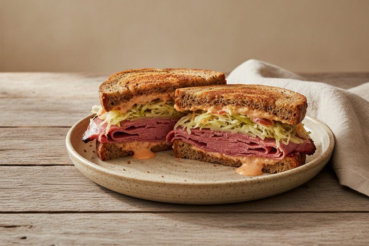 Sandviș Reuben cu Pastramă, Varză Murată Rapidă și Sos Russian Dressing