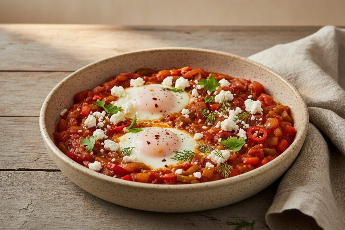 Shakshuka cu ouă în sos de roșii picant, cu feta și legume