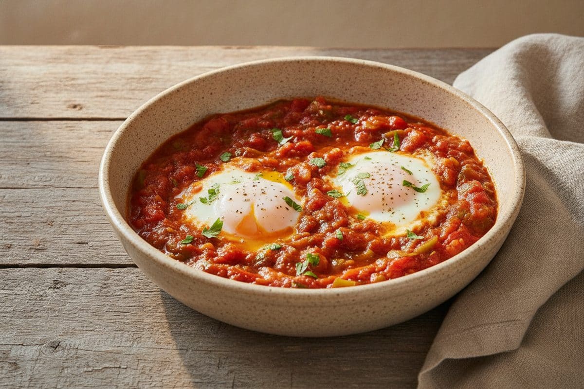 Shakshuka — ouă poșate în sos de roșii, ardei și mirodenii
