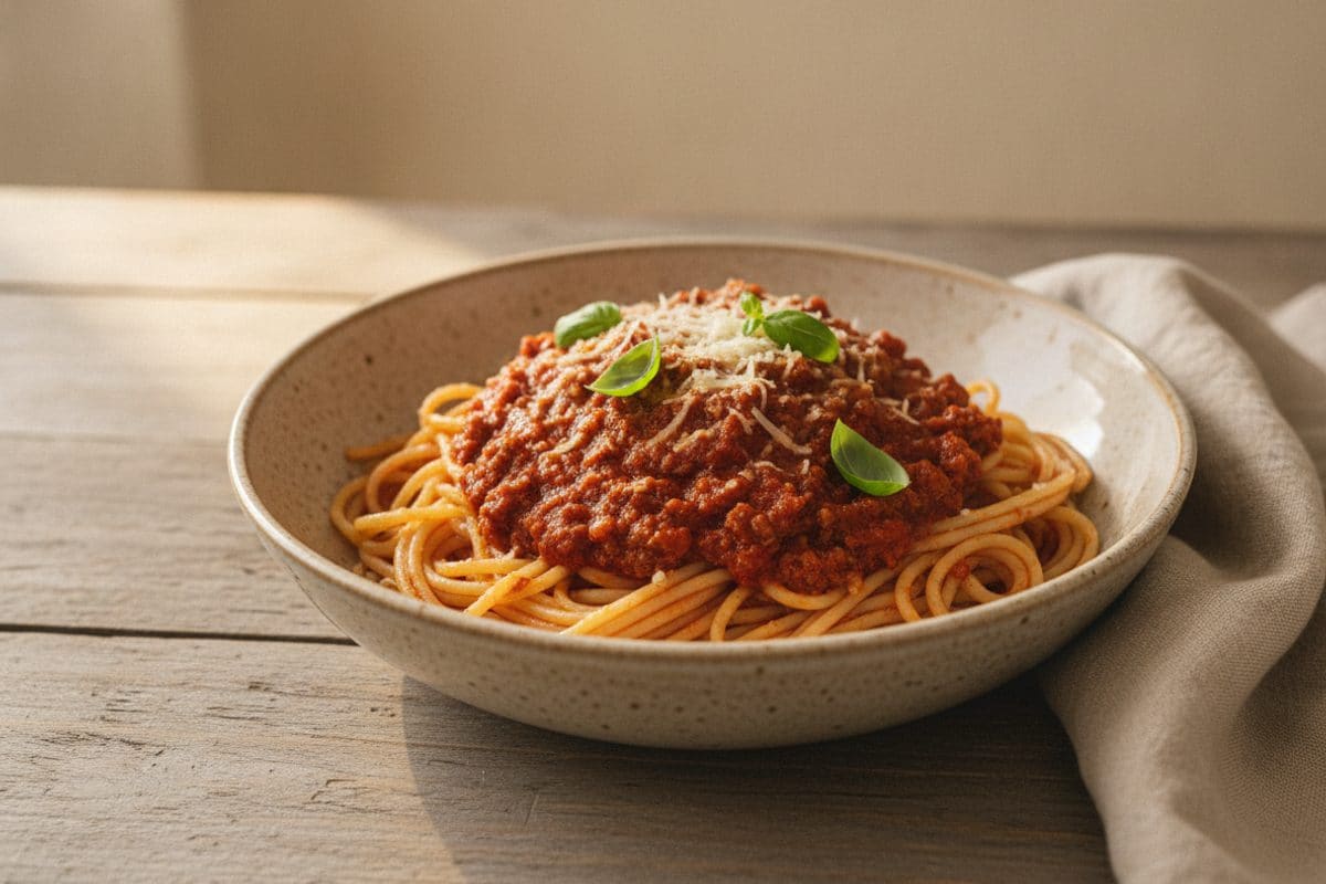 Spaghetti Bolognese cu sos bogat de carne și roșii