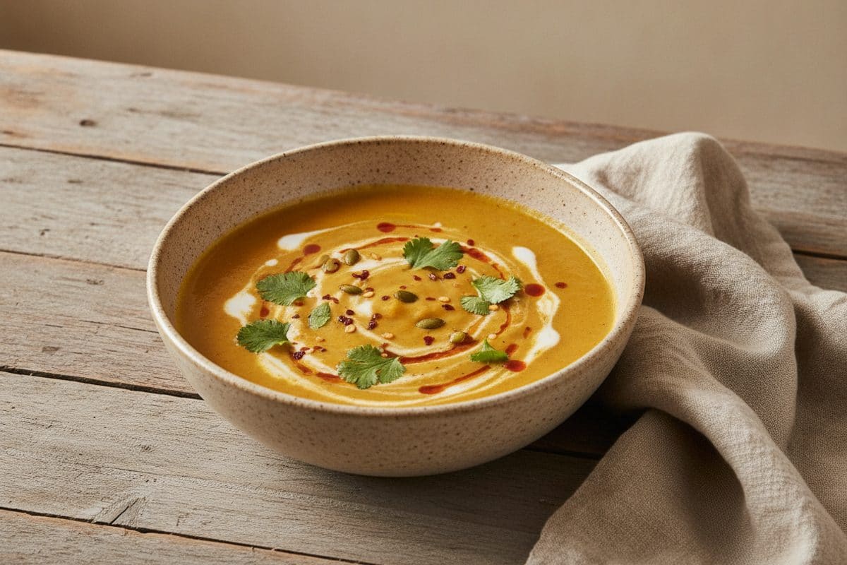 Supă cremă de dovleac cu lapte de cocos și curry roșu thai